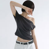 [Etern] One-Shoulder Twist Short-Sleeve T-Shirt - 4 Colors