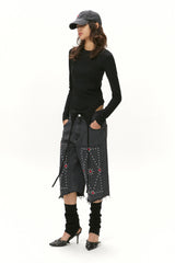 CUBIC EMBROIDERY HALF DENIM / BLACK
