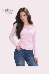 Flow lip shirring pink long-sleeve tee