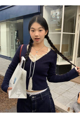 レースシャーリングツーピース長袖ブラウスTシャツ