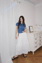 Cotton Punching Banded Waist Long Skirt