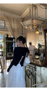 バックホワイトボウロングスリーブニットTシャツ