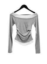 リブカラーレイヤードピンタックボートネックTシャツ