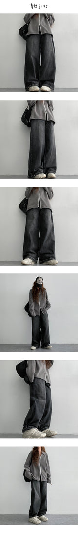 [3-tier length] [S–3XL]イートンウォッシングサイドスナップワイドデニムパンツ (4 colors)