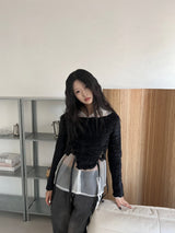 アンゴラ レースアップ クロップド ボートネック ロングスリーブ ニット Tシャツ (3 colors)