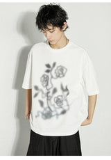 ぼかしバラプリントルーズピュアホワイト半袖Tシャツ(UNISEX)