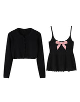 Kate Contrast Ribbon Sleeveless Cardigan Set Black