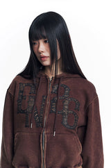 Washed Leather Patch Hooded Zip-Up - Brown