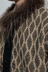 Sequin Knit Cardigan with Fur Collar