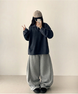 Terry Fleece side pin tuck incision string wide pants