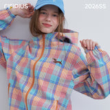 Riverstone Plus Women Plaid Hooded Windbreaker, Sausage Dog Embroidery Color Block Casual Zip Jacket