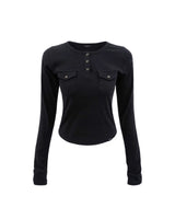 Pocket Henley Neck Ribbed Long Sleeve Black