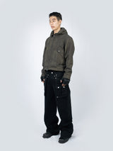 Curved Hood Leather Jacket (Khaki Black)