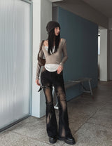 Ash Ribbed Deep Button Layered Long Sleeves
