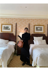 Half Turtleneck Black Flared Long Dress