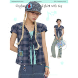 BETWEENANDxOliwa Summer Yamen Sparkle Diamond Collaboration Strapped Purple Plaid Short-Sleeve Shirt for Women