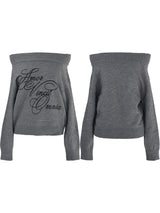 gray lettering off-shoulder knit
