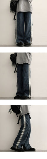 [S–XL] ロットストリングトラックワイドデニムパンツ