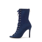 Suede Lace-Up Open Toe Heel(Navy)