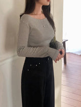 Feminine Border Cotton Boat Neck T-shirt (5color)