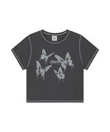 ピグメントバタフライゴスクロップTシャツ_チャコール