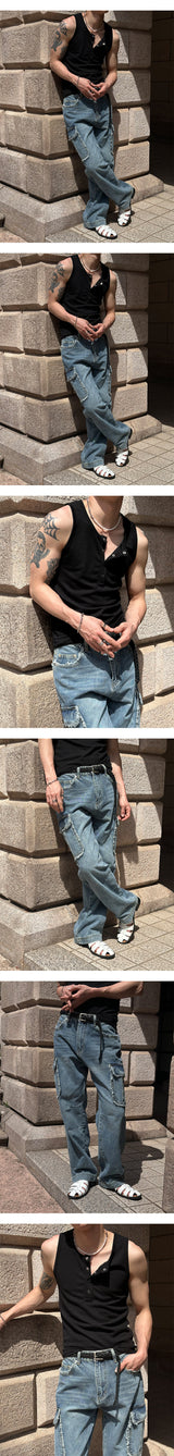[Unisex] Fringe cargo denim pants(3color)