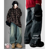 [Fleece lining] リネンヘムスナップウォッシュワイドデニムパンツ - 3 Tier Length