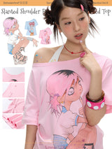 BETWEENAND スラウチーショルダー ライトウェイト カートゥーンガール プリント サマー Tシャツ