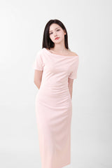 Off-Shoulder Slit Long Onepiece Pink