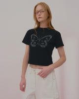 テキストバタフライクロップTシャツ-BLACK