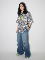 Short-sleeved pure cotton vintage casual floral shirt with texture effect