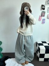 ストリング/フリース❤サイドピンタックバルーンロングパンツワイド🤍🩶🖤3カラー