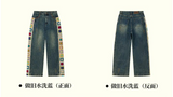 Crochet flower patchwork design, retro washed, loose straight-leg jeans