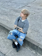 Double destroyed denim bermuda pants 1C