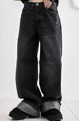 Cuffed cat washing denim pants