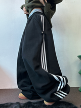SHEEP FLEECE 🐑🧸 SNAP TRACK 3 LINE PARACHUTE LONG WIDE PANTS 🩶🖤 2COLOR