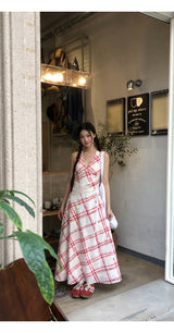 Red checkered V-neck sleeveless long dress