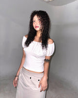 (3color)ドット シャーリング ネック オフショルダー パフ Tシャツ
