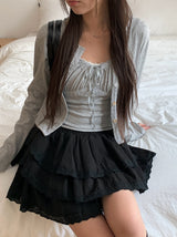 Lano Lace Ribbon Sleeveless Cardigan Set
