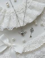 [チョ・ユリ, チュウ Necklace] エンジェリックハートロックレイヤードネックレス - Silver Color