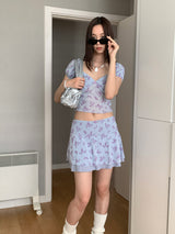 シフォンラベンダーフラワーフリルスカート