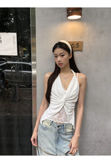 Twisted halter lace V-neck sleeveless top