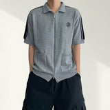 Cropped Embroidered Two-Way Track Line Short Sleeve Knitwear Zip-Up (3 colors)