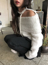 [Muffler Set/Wool Knit] Cozen Off-Shoulder Loose Fit Tie Knit