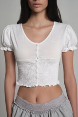 Sugar crepe smocking puff top, White