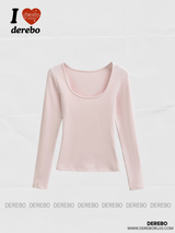 deep wide-neck slim long-sleeved knit shirt
