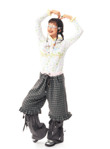 sillysis 青いチェック柄のレースドローストリングポケットパンツ、ゆったりデザイン、金属ボタン、ワイドレッグカジュアルパンツ