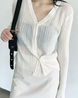 Pleats button wrap see through cardigan
