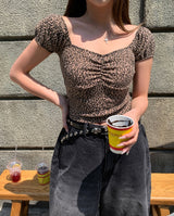 Leopard shirring puff off-shoulder short sleeve