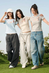 スリムクレヨンフラワーニットTシャツ
